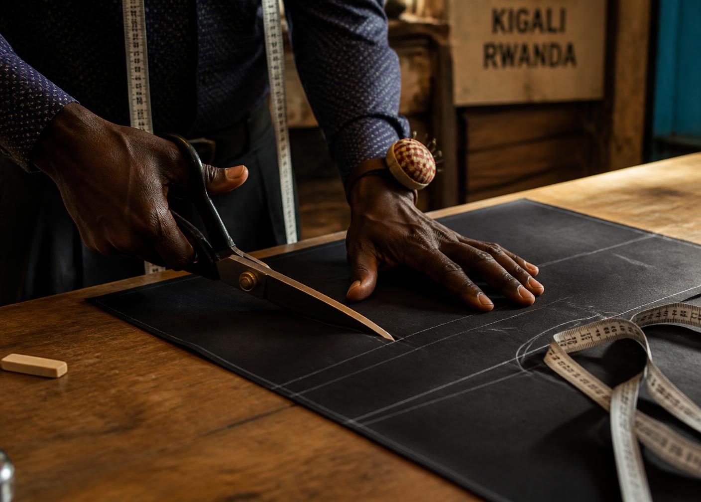 Hands cutting cloth in the Kigali atelier